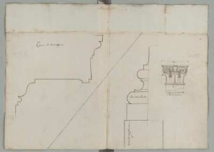 Gesims und Pilaster, Profile und Aufriss : Gesims und Pilaster, Profile und Aufriss mit Maßangaben, unbekannter Zeichner, 1. Hälfte 18. Jh. Feder/Papier. 52,5 x 73,1 cm (Blatt), 42,2 x 73,1 cm. Bez.: "Cornice che Sta in Opera", "Basa Sotto li Pilastri" und "Le fogli si faranno intate a fronde di palma"