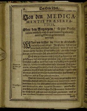 Von den Medicamentis Præservativis, Oder den Artzneyen/ so zur Præservation dienlich/ und so wol inwendig als außwendig können gebrauchet werden.