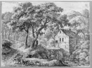 Wassermühle im Wald (Mann belädt Esel) - aus einer Folge Landschaften, quer, ohne Nummer