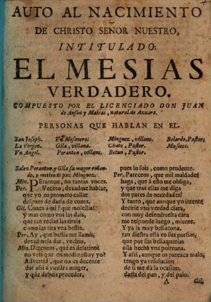 Auto Al Nacimiento De Christo Senor Nuestro Intitulado: El Mesias Verdadero