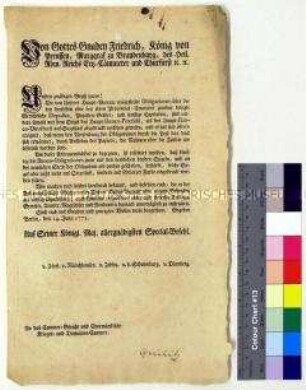 Bekanntmachung des Mandats von Friedrich II. König von Preußen betreffend die Verwendung von schwarzer Siegelfarbe bei der Versendung von Bankobligationen