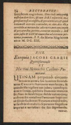 XIIX. Exequiae Jacobi Crazii Quernfurtensis Et Martini Hennichii Coslino-Pomerani.