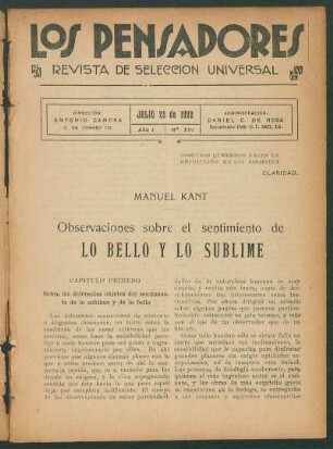 1922001600: Observaciones sobre el sentimiento de lo bello y lo sublime