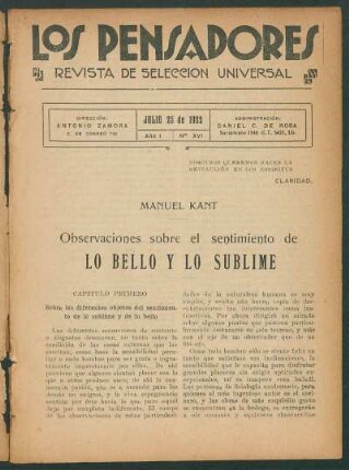 1922001600: Observaciones sobre el sentimiento de lo bello y lo sublime