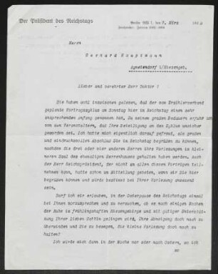 Brief von Paul Löbe von Reichspräsident Deutsches Reich Deutschland an Gerhart Hauptmann