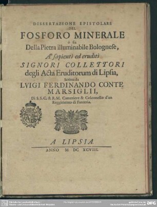 Dissertazione Epistolare Del Fosforo Minerale o sia Della Pietra illuminabile Bolognese