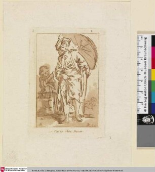 [Figurenstudie eines stehende Mannes mit Schirm und Turban, daneben ein Diener]