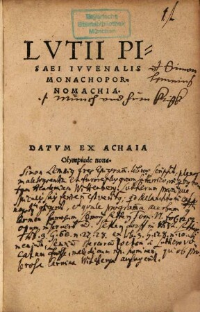 Lutii Pisaei Iuvenalis Monachopornomachia : datum ex Achaia Olimpiade nona