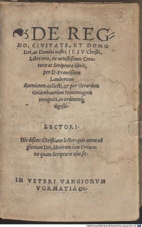 De regno, civitate et domo Dei : libri III.