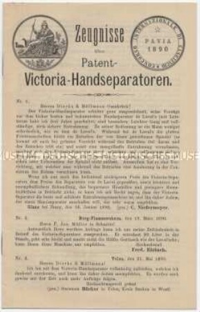 Zeugnisse über Patent-Victoria-Handseparatoren.