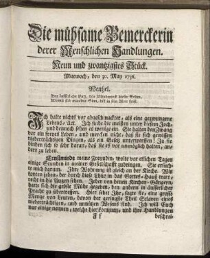 Neun und zwanzigstes Stück. Mittwoch, den 30. May 1736.