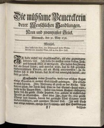 Neun und zwanzigstes Stück. Mittwoch, den 30. May 1736.