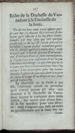 Billet de la Duchesse de Vantadour à la Duchesse de la Ferté.