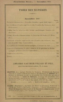 Table des matières. Novembre 1897.