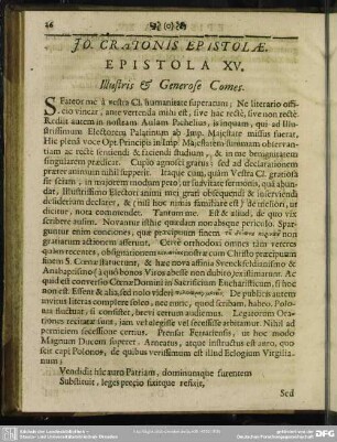 Jo. Cratonis Epistolae. Epistola XV. Illustris & Generose Comes