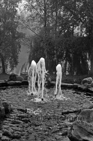 Neuhöfer Park: Springbrunnen: dahinter Weg und Bäume: hinten Neuhöfer Teich