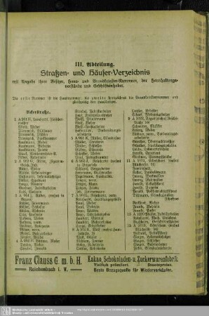 III. Abteilung. Häuserbuch : III. Abteilung. Straßen- und Häuser-Verzeichnis