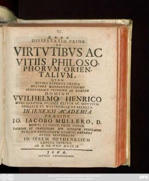 Dissertatio Prior De Virtvtibvs Ac Vitiis Philosophorvm Orientalivm