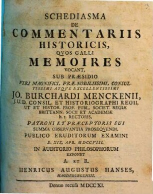 Schediasma De Commentariis Historicis, Qvos Galli Memoires Vocant