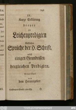 IX. Kurze Erklärung dreyer zu Leichenpredgiten schiklichen