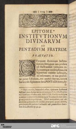 Epitome Institvtionvm Divinarvm Ad Pentadivm Fratrem.