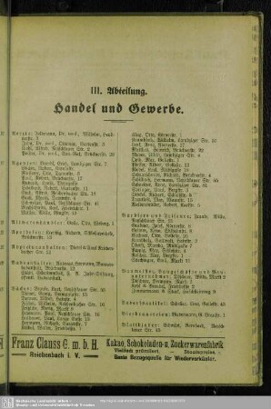 III. Abteilung. Berufsklassen und Gewerbebetriebe : III. Abteilung. Handel und Gewerbe