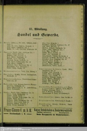 III. Abteilung. Berufsklassen und Gewerbebetriebe : III. Abteilung. Handel und Gewerbe
