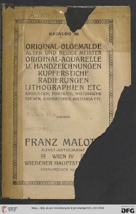 Nr.  Antiquariats-Katalog: Original-Ölgemälde alter und neuer Meister, Original-Aquarelle u. Handzeichnungen, Kupferstiche, Radierungen, Lithographien etc. : Ansichten, Porträts, historische Szenen, Karikaturen, Militaria etc.