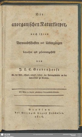 Die anorganischen Naturkörper : nach ihren Verwandtschaften und Uebergängen betrachtet und zusammengestellt