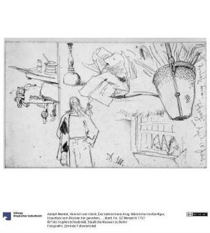 Heinrich von Kleist, Der zerbrochene Krug: Männliche Kostümfigur, Kniestück vom Rücken her gesehen, Urkunden, Schreibwerkzeuge, Stempel, Korb mit Reisholz, Schweinetrog