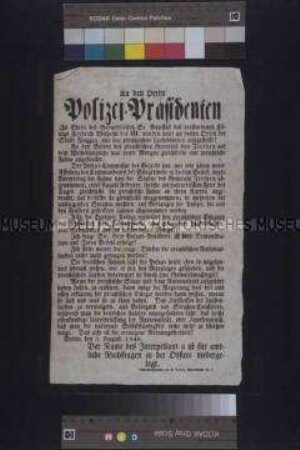 Maueranschlag: Karbes Sendschreiben an seine Mitbürger. Flugschrift von Adolf Karbe gegen die Diffamierung von Volksrednern; 3. September 1848