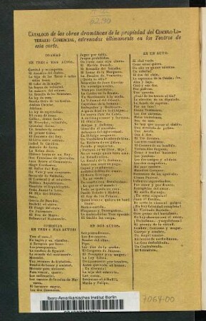 Catálogo de las obras dramáticas de la propiedad del Círculo Literario Comercial, estrenadas últimamente en los teatros de esta corte
