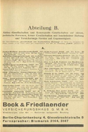 Abteilung B. Aktien-Gesellschaften und Kommandit-Gesellschaften auf Aktien, juristische Personen, ferner Gesellschaften mit beschränkter Haftung und Versicherungs-Vereine auf Gegenseitigkeit