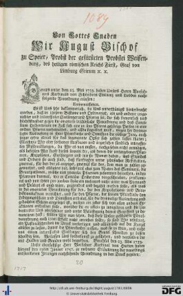 Von Gottes Gnaden Wir August Bischof zu Speier ...