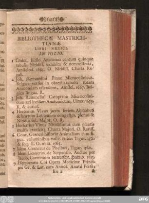 Bibliothecae Mastrichtianae Libri Medici.