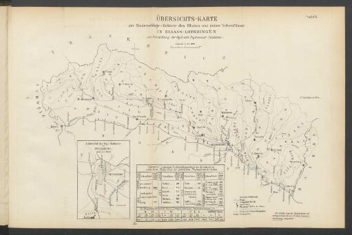 Tafel II. Uebersichtskarte der Niederschlags-Gebiete des Rheins und seiner Nebenflüsse in Elsass-Lothringen, mit Darstellung der Pegel- und Regenmesser-Stationen.