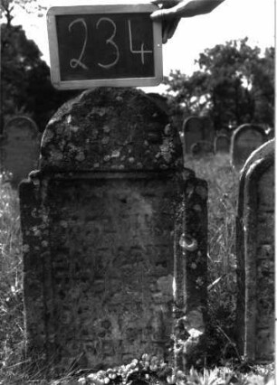 Grabstein 234 (Index: 100103264) Material: Sandstein Zustand: stark verwittert Maße HxBxT: 71x43x10 cm Beschreibung: Stele, eingezogener Rundbogenabschluss, Schriftfeld profiliert, rechteckig eingetieft: Grabstein 234