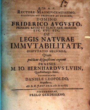 De legis naturae immutabilitate dissertatio secunda