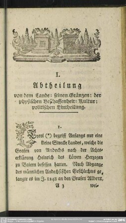 I. Abtheilung von dem Lande: seinen Gränzen: der physischen Beschaffenheit: Kultur: politischen Eintheilung