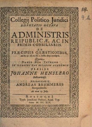 Collegium politico-iuridicum, Disc. VIII.. De administris reipublicae