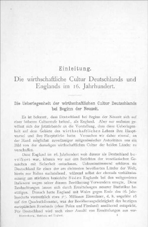 Einleitung. Die wirthschaftliche Cultur Deutschlands und Englands im 16. Jahrhundert.