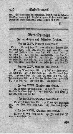 Verbesserungen der unrichtigen und fehlenden Zeichen. In des XXV. Bandes 1ten Stück. - In des XXVII. Bandes 2ten Stück.