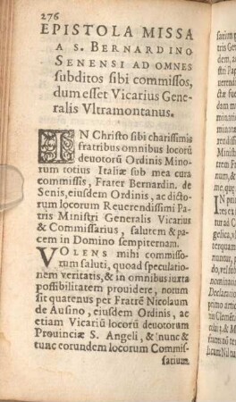Epistola Missa A S. Bernardino Senensi Ad Omnes subditos sibi commissos, dum esset Vicarius Generalis Vltramontanus.