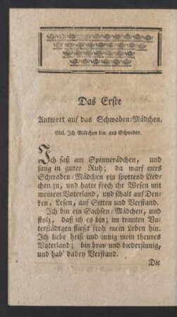Das Erste : Anwort auf das Schwaben=Mädchen, Mel. Jch Mädchen bin aus Schwaben.