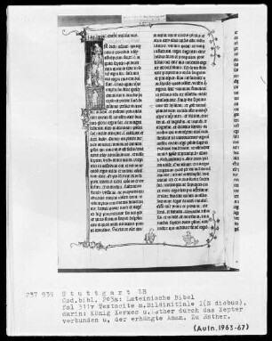 Lateinische Bibel, drei Bände — Initiale I (n diebus), darin König Xerxes und Esther und der erhängte Aman, Folio 311verso