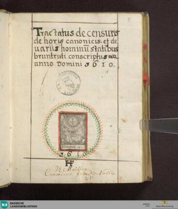 Tractatus de censuris, de horis canonicis et de variis hominum statibus - Cod. Ettenheim-Münster 159