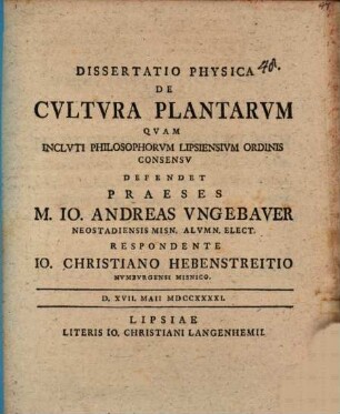 Dissertatio Physica De Cvltvra Plantarvm