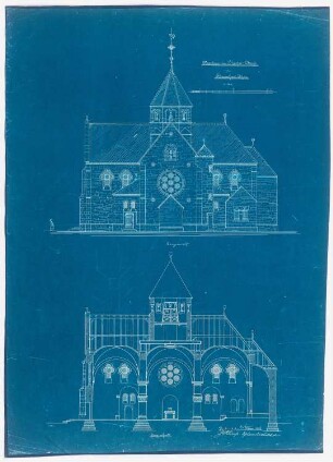 St. Mariä Heimsuchung, Rheine-Hauenhorst: Seitenansicht und Längsschnitt 1:100