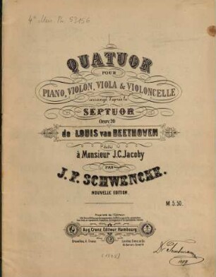 Quatuor : pour piano, violon, viola & violoncelle ; arrangé d'après le septuor oeuv. 20 de Louis van Beethoven