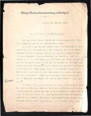 Brief von Lampert (Königliche Naturaliensammlung Stuttgart)